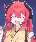  1girl blue_archive blue_background chopsticks closed_eyes food hair_between_eyes heart holding holding_chopsticks horns japanese_clothes junko_(blue_archive) junko_(new_year)_(blue_archive) kimono long_hair mimit_4 open_mouth outline pointy_ears redhead shrimp shrimp_tempura simple_background smile solo tempura twintails upper_body white_outline yellow_kimono 