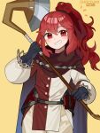  1girl anna_(fire_emblem) artist_name axe bag bangs belt black_belt black_gloves brown_cape brown_shirt cape chocojax commentary english_commentary fire_emblem fire_emblem_engage gloves grin hair_between_eyes hair_tie highres holding holding_axe holding_weapon long_hair long_sleeves looking_at_viewer pants ponytail red_eyes redhead satchel shirt simple_background smile solo teeth two-tone_shirt weapon white_pants white_shirt yellow_background 