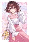  1girl :d bag brown_eyes brown_hair button_up_skirt cherry_blossoms collarbone commentary_request falling_petals framed hanagata hand_to_head hand_up high-waist_skirt highres hoshimi-kun_no_produce jewelry kokone_shiya long_sleeves looking_at_viewer necklace novel_illustration official_art open_mouth pendant petals pink_skirt puffy_long_sleeves puffy_sleeves ribbon shirt short_hair shoulder_bag skirt smile solo white_shirt yellow_ribbon 