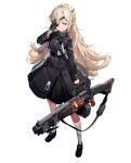  1girl bangs black_dress black_footwear black_gloves blonde_hair blue_eyes closed_mouth dress eyepatch full_body gloves goddess_of_victory:_nikke guillotine_(nikke) gun highres holding holding_gun holding_weapon long_hair long_sleeves looking_at_viewer official_art shoes simple_background socks solo standing urorong very_long_hair weapon white_background white_socks 