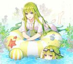  2others adjusting_eyewear androgynous ball bangs barefoot beachball blush caustics clam_shell collarbone commentary drawstring ede enkidu_(fate) eyelashes fate/grand_order fate_(series) feet flower goggles goggles_on_head green_eyes green_hair hand_up highres in_water innertube kingu_(fate) long_hair looking_at_another looking_down multiple_others open_mouth other_focus partially_submerged plant seashell shell shirt short_sleeves sidelocks smile soles starfish striped striped_innertube toes v-shaped_eyebrows very_long_hair violet_eyes water water_drop wet wet_hair white_background white_shirt 