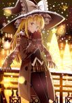  1girl alternate_costume blonde_hair blurry bokeh bow cityscape depth_of_field feet_out_of_frame givuchoko hat highres kirisame_marisa long_hair night pantyhose plaid plaid_scarf red_scarf scarf skirt snowing solo touhou winter_clothes witch_hat 