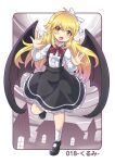  1girl bat_wings black_skirt blonde_hair bow colonel_aki commentary_request fang full_moon hair_bow hands_up kurumi_(touhou) long_hair looking_at_viewer moon open_mouth shirt skirt smile solo touhou translated white_shirt window wings yellow_eyes 