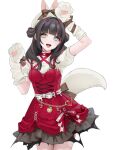  1girl animal animal_hands arms_up black_hair blue_eyes corset gloves green_eyes heart heterochromia horns long_hair looking_at_viewer ohisashiburi open_mouth original paw_gloves paw_pose red_horns simple_background smile solo torn_clothes white_background 