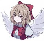  1girl blonde_hair bow bowtie closed_mouth cropped_torso gengetsu_(touhou) hair_bow highres long_sleeves looking_at_viewer red_bow red_bowtie short_hair simple_background smile solo touhou touhou_(pc-98) white_background white_wings wings yellow_eyes yonoisan 