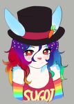  1girl animal_ears black_headwear blush_stickers closed_mouth clothes_writing clown colored_skin cropped_torso cupcake_(yoako) ears_through_headwear elbow_gloves furry furry_female gloves gradient_hair grey_background hat looking_at_viewer multicolored_clothes multicolored_gloves multicolored_hair original purple_hair red_shirt shirt simple_background smile solo top_hat upper_body white_skin yoako 