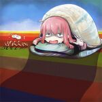  1girl album_cover album_cover_redraw bangs bed blanket blue_eyes bocchi_the_rock! cover derivative_work emerson_lake_&amp;_palmer gotou_hitori highres jacket long_hair lying nishizono_shin one_side_up open_mouth parody pillow pink_hair pink_jacket tarkus_(album) track_jacket under_covers 