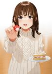  1girl bangs black_eyes blurry brown_hair commentary depth_of_field food fruit holding holding_food incoming_food indoors long_sleeves looking_at_viewer looking_up mattaku_mousuke medium_hair open_mouth original plate pov ribbed_sweater sidelocks solo standing strawberry strawberry_shortcake sweater teeth turtleneck turtleneck_sweater twitter_username white_sweater wooden_floor 