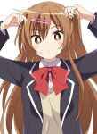  1girl brown_hair chuunibyou_demo_koi_ga_shitai! hair_ornament hairclip ixy long_hair looking_at_viewer nibutani_shinka school_uniform simple_background solo upper_body white_background 