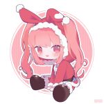  1girl absurdres animal_ears bangs blush bow chibi christmas coat denonbu fake_animal_ears full_body fur_trim highres hood long_hair long_sleeves looking_at_viewer open_mouth pants pink_eyes pink_hair rabbit_ears red_coat red_pants sakurano_mimito simple_background sitting smile solo tomiuimot twintails white_background 