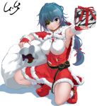  1girl alternate_costume alternate_hair_length alternate_hairstyle belt black_belt blue_eyes blue_hair boots box breasts capelet christmas_present dress eyepatch fingerless_gloves fur-trimmed_capelet fur-trimmed_dress fur-trimmed_gloves fur_trim gegeron gift gift_box gloves highres kantai_collection kiso_(kancolle) kiso_kai_ni_(kancolle) large_breasts long_hair looking_at_viewer red_capelet red_dress red_footwear red_gloves sack santa_boots scar scar_across_eye short_dress sleeveless sleeveless_dress smile solo 