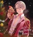  1boy birthday blue_eyes blurry blurry_foreground character_doll christmas christmas_tree collared_shirt epaulettes flower grin happy_birthday hat highres jewelry makkachin male_focus open_clothes open_shirt red_flower red_rose ring rose santa_hat shirt smile snowing star_(symbol) twc_(p-towaco) viktor_nikiforov white_flower white_hair white_rose yuri!!!_on_ice 
