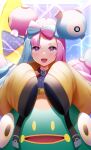  1girl :d bellibolt blue_hair blurry blurry_background blush bow-shaped_hair commentary_request depth_of_field highres iono_(pokemon) jacket lightning long_hair long_sleeves looking_at_viewer mikomiko_(mikomikosu) multicolored_hair pink_hair pokemon pokemon_(creature) pokemon_(game) pokemon_sv sharp_teeth sleeves_past_fingers sleeves_past_wrists smile teeth two-tone_hair very_long_hair violet_eyes yellow_jacket 
