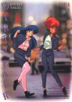  1980s_(style) 2girls bangs blue_eyes blue_hair bracelet casual character_name clenched_hand copyright_name dark-skinned_female dark_skin dirty_pair headband highres jacket jewelry kei_(dirty_pair) long_hair multiple_girls non-web_source official_art open_clothes open_jacket open_mouth pink_shirt redhead retro_artstyle scan shirt shirt_tucked_in shoes short_hair skirt smile sneakers standing white_shirt yuri_(dirty_pair) 