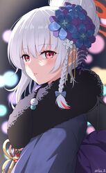  1girl absurdres blue_archive blue_bow blush bow braid flower from_side fur_collar grey_hair hair_bow hair_bun hair_flower hair_ornament halo haruna_(blue_archive) haruna_(new_year)_(blue_archive) highres japanese_clothes kimono looking_at_viewer looking_to_the_side multicolored_hair official_alternate_costume parted_lips purple_kimono red_eyes redhead reia_76 single_hair_bun solo streaked_hair upper_body 