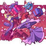  1boy alternate_costume bangs bell blonde_hair box christmas closed_mouth clothed_pokemon commentary_request gift gift_box hand_up hat headband highres long_sleeves male_focus medium_hair misdreavus mismagius morty_(pokemon) pokemon pokemon_(game) pokemon_hgss purple_headband purple_ribbon purple_scarf red_headwear red_ribbon ribbon santa_hat scarf smile sutokame violet_eyes 