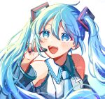  1girl :d bangs blue_eyes blue_hair blue_nails blue_necktie collared_shirt detached_sleeves floating_hair grey_sleeves hair_between_eyes hair_ornament hatsune_miku headset highres long_hair long_sleeves looking_up nail_polish necktie open_mouth shirt sleeveless sleeveless_shirt smile solo twintails twitter_username upper_body vocaloid white_background white_shirt wing_collar y_w_uuu 