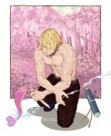  1boy asuka_shirogane beard blonde_hair cigarette facial_hair fish forest hair_over_one_eye highres holding holding_cigarette holding_knife jungle knife looking_at_viewer muscular muscular_male nature one_eye_covered one_knee one_piece pink_background sanji_(one_piece) scroll shadow short_hair smoke topless_male 