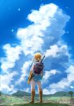  1boy blue_sky blue_tunic boots brown_footwear clouds cloudy_sky earrings facing_away full_body highres hill jewelry knee_boots link low_ponytail male_focus medium_hair nature pants pointy_ears shield shirt sidelocks sky solo sword the_legend_of_zelda the_legend_of_zelda:_breath_of_the_wild tree triforce twitter_username weapon weapon_on_back white_pants white_shirt yayoi_(chepiiii23) 