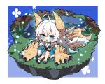  1girl :d ahoge bangs bare_shoulders black_footwear blue_eyes blue_jacket blue_kimono blush breasts claws commentary_request fang fur-trimmed_jacket fur-trimmed_legwear fur_trim grey_hair hair_between_eyes highres horns jacket japanese_clothes kimono knee_up large_breasts looking_away milkpanda monster_hunter_(series) obi off_shoulder open_clothes open_jacket personification sash short_eyebrows sitting sleeveless sleeveless_kimono smile socks solo tabi thick_eyebrows white_socks zinogre zouri 
