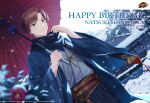  1boy absurdres blue_eyes brown_hair bshi_edayo character_name commentary copyright_name dutch_angle english_commentary happy_birthday highres holding holding_umbrella japanese_clothes logo looking_at_viewer mahjong_soul male_focus official_art official_wallpaper oil-paper_umbrella outdoors red_umbrella scarf shinomiya_natsuki_(mahjong_soul) short_hair snow snowing solo umbrella winter 