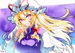  1girl blonde_hair breasts dress hair_between_eyes hat hat_ribbon highres large_breasts long_hair long_sleeves mob_cap open_mouth protected_link qqqrinkappp red_ribbon ribbon solo tabard touhou traditional_media upper_body violet_eyes white_dress white_headwear wide_sleeves yakumo_yukari 