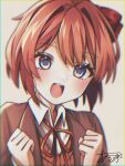  1girl :d ap51 artist_name bangs blazer blue_eyes blush bow brown_jacket brown_sweater_vest clenched_hands close-up commentary doki_doki_literature_club dress_shirt excited hair_between_eyes hair_bow hair_intakes hands_on_own_chest jacket looking_at_viewer neck_ribbon portrait red_bow red_ribbon ribbon sayori_(doki_doki_literature_club) school_uniform shirt short_hair signature smile sweater_vest white_shirt 