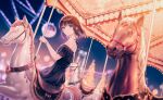  1girl bangs bare_shoulders blue_dress blue_eyes blue_sky blurry blurry_background blurry_foreground brown_hair carousel character_request clear_sky closed_mouth copyright_request depth_of_field dress feet_out_of_frame full_moon highres hiten_(hitenkei) holding horse light looking_away moon night night_sky off-shoulder_dress off_shoulder outdoors short_hair sidelocks sitting sky smile solo watch watch 