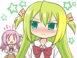  2girls alina_gray alternate_hairstyle bangs blonde_hair blush bow bowtie brown_skirt chibi closed_mouth green_eyes green_hair hair_ornament hair_ribbon hairstyle_switch long_hair looking_at_another magia_record:_mahou_shoujo_madoka_magica_gaiden mahou_shoujo_madoka_magica medium_hair misono_karin multiple_girls one_side_up open_mouth orange_ribbon parted_bangs purple_hair red_bow red_bowtie reverse_(bluefencer) ribbon sakae_general_school_uniform school_uniform shirt skirt smile star_(symbol) star_hair_ornament two_side_up violet_eyes white_shirt 