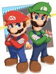  2boys blue_eyes blue_pants brothers brown_footwear brown_hair buttons closed_mouth commentary_request crab crossed_arms electricity facial_hair frown full_body furrowed_brow gloves gonzarez green_headwear green_shirt hat highres long_sleeves looking_at_another luigi male_focus mario mario_bros. multiple_boys mustache overalls pants red_headwear red_shirt shell shellcreeper shirt shoes short_hair siblings sidestepper sideways_glance standing super_mario_bros. turtle_shell white_gloves 