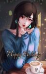  1girl arialla_draws artist_name bangs black_hair blue_sweater breasts brown_hair coffee_cup collarbone cup disposable_cup earrings elbow_rest english_commentary eyelashes final_fantasy final_fantasy_vii final_fantasy_vii_remake happy_holidays highres indoors jewelry light_particles lipstick long_hair long_sleeves looking_at_viewer makeup parted_lips red_eyes red_lips single_sidelock sitting solo sparkle sweater swept_bangs table tifa_lockhart upper_body 