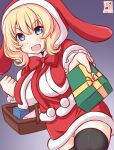  1girl alternate_costume animal_hood basket black_thighhighs blonde_hair blue_eyes box braid breasts capelet christmas colorado_(kancolle) dress gift gift_box hood kanon_(kurogane_knights) kantai_collection large_breasts looking_at_viewer one-hour_drawing_challenge open_mouth rabbit_hood santa_dress short_hair side_braids smile thigh-highs 