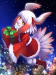  1girl alternate_costume bangs bird_girl bird_tail bird_wings boots christmas christmas_present commentary_request dress flying fur_collar fur_trim gift gloves head_wings japanese_crested_ibis_(kemono_friends) kemono_friends long_sleeves multicolored_hair night night_sky pantyhose red_dress red_footwear red_gloves redhead santa_costume short_hair sidelocks sky solo tail white_fur white_hair white_pantyhose wings yamai yellow_eyes 