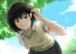  1girl adjusting_hair amagami bangs bent_over black_hair black_skirt blue_sky blurry blurry_background blush breasts brown_eyes cardigan closed_mouth clouds commentary dress_shirt from_below hair_between_eyes hair_tucking highres kibito_high_school_uniform leaning_forward looking_down medium_breasts nanasaki_ai pleated_skirt school_uniform shaded_face shirt short_hair skirt sky smile solo tree upper_body white_shirt yellow_cardigan yoo_tenchi 