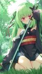  1girl absurdres arm_at_side arm_up bangs bare_shoulders blunt_bangs blush breasts butterfly_hair_ornament cross-laced_footwear detached_sleeves full_body grass green_hair hair_ornament hair_ribbon highres holding holding_sword holding_weapon japanese_clothes katana kimono long_hair long_sleeves murasame_(senren) nodoameyatou outdoors pom_pom_(clothes) red_eyes red_ribbon ribbon sash senren_banka shadow short_kimono sidelocks sitting sleeveless sleeveless_kimono small_breasts smile solo sparkle sunlight sword thighs tree two_side_up very_long_hair wariza weapon wide_sleeves yuzu-soft 