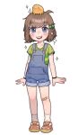  1girl absurdres ahoge animal_on_head bandage_on_knee bangs blue_eyes blue_overalls blush bracelet brown_hair child female_child frog full_body green_shirt hair_ornament highres indie_virtual_youtuber jewelry lily_hopkins looking_at_viewer nose_blush on_head open_mouth opossumachine overall_shorts overalls red_footwear shirt shoes short_sleeves simple_background smile socks solo sparkle striped striped_shirt teeth upper_teeth_only virtual_youtuber white_background 