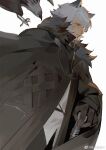  1boy animal_ear_fluff animal_ears arknights bird black_cape black_gloves cape closed_mouth frown fur-trimmed_cape fur_trim gloves grey_eyes grey_hair hair_between_eyes hand_on_hilt jinrouguguzhi leopard_ears looking_ahead male_focus profile shirt silverash_(arknights) simple_background solo tenzin_(arknights) third-party_source upper_body weibo_logo weibo_username white_background white_shirt 