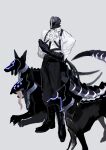  1boy animal animal_collar arm_up black_footwear black_gloves black_pants bondrewd collar covered_face cyborg dog elbow_gloves frilled_shirt frills gloves helmet highres made_in_abyss pants rono_z shirt simple_background standing tail tongue tongue_out white_shirt 