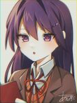  1girl :o ap51 artist_name bangs blazer blush book brown_jacket brown_sweater_vest close-up commentary doki_doki_literature_club dress_shirt hair_between_eyes hair_ornament hairclip holding holding_book jacket long_hair looking_away neck_ribbon parted_lips portrait purple_hair reading red_ribbon ribbon shirt signature solo sweater_vest violet_eyes white_shirt yuri_(doki_doki_literature_club) 