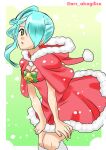 1girl akogi arc_the_lad blue_eyes blue_hair breasts christmas dress gloves hair_over_one_eye long_hair looking_at_viewer mizuha open_mouth ponytail side_ponytail skirt solo yellow_eyes 