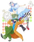  1boy 1girl absurdres alice_in_wonderland asuka_shirogane bangs blue_dress blue_gloves blue_hair blue_shirt brother_and_sister clock coat crossover cup dress floating gloves green_footwear green_headwear hair_over_eyes hat highres horns long_hair mask mouth_mask one_eye_covered one_piece orange_coat page_one_(one_piece) pantyhose purple_hair red_footwear shirt short_hair short_sleeves siblings striped striped_pantyhose teacup teapot top_hat ulti_(one_piece) 