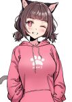  1girl ame_(uten_cancel) animal_ear_fluff animal_ears bangs blush brown_hair cat_ears cat_girl cat_tail hands_in_pockets highres hood hoodie kmnz looking_at_viewer mc_liz one_eye_closed pink_eyes simple_background smile standing tail teeth white_background 