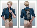  1boy adjusting_clothes adjusting_necktie animal_print ass back belt blonde_hair blue_shirt brown_belt chachashima collared_shirt cowboy_shot formal grey_pants hand_in_pocket highres holding holding_weapon holster holstered_weapon jujutsu_kaisen leopard_print long_sleeves looking_at_viewer male_focus nanami_kento necktie pants shirt short_hair sleeves_rolled_up solo undercut watch watch weapon yellow_necktie 