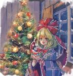  1girl bangs blanket christmas christmas_lights christmas_ornaments christmas_tree commentary cup curtains dress faux_traditional_media frilled_ribbon frills front_ponytail green_eyes green_hair highres holding holding_cup indoors kagiyama_hina long_hair looking_at_viewer nauka open_mouth red_dress ribbon solo star_(symbol) steam touhou under_covers window wrist_ribbon 