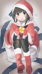 1girl absurdres black_hair black_pantyhose blush boots box fubuki_(kancolle) gift gift_box gloves green_eyes hat highres holding holding_gift kantai_collection ma_rukan open_mouth pantyhose pom_pom_(clothes) red_footwear red_gloves red_headwear santa_costume santa_gloves santa_hat short_hair signature sitting solo 