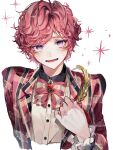  1boy :d absurdres bangs blush bow bowtie brooch chloe_collins collared_shirt cropped_torso curly_hair dress_shirt feathers frilled_sleeves frills gem highres jacket jewelry lapel_pin looking_at_viewer mahoutsukai_no_yakusoku male_focus mole mole_under_eye nervous_smile open_clothes open_jacket plaid plaid_jacket red_bow red_bowtie red_gemstone red_jacket redhead shirt simple_background smile solo sparkle sweatdrop swept_bangs two-tone_bow u-sama_(u_summer0719) violet_eyes white_background white_shirt 