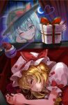  2girls alternate_hair_color artist_name ascot bangs black_headwear blonde_hair blouse blue_hair blue_sky blurry blurry_background blush bow box breasts brown_pants christmas closed_eyes closed_mouth collared_shirt commentary_request crescent crescent_moon crossed_bangs curtains dress fingernails flandre_scarlet flower frills fujiwara_aoi gift gift_box green_bow green_eyes grey_shirt hair_between_eyes hand_on_own_face hands_up hat hat_bow heart heart_of_string highres indoors komeiji_koishi long_sleeves looking_at_another looking_down lying medium_breasts mob_cap moon multicolored_bow multiple_girls night night_sky on_side one_eye_closed one_side_up open_mouth pants petals pointy_ears puffy_short_sleeves puffy_sleeves red_bow red_dress red_flower red_rose rose shirt short_hair short_sleeves sitting sky sleeping smile star_(sky) starry_sky table third_eye touhou watermark white_headwear wide_sleeves window yellow_ascot 