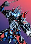 1boy absurdres armor black_armor blue_armor blue_eyes clenched_hand compound_eyes demons_driver driver_(kamen_rider) fish23412 foreshortening glowing glowing_eyes highres kamen_rider kamen_rider_demons kamen_rider_revice male_focus multicolored_background red_armor rider_belt shaded_face shadow silk spider_genome spider_web spider_web_print spikes web_shooter white_armor 