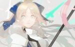  1girl armor artoria_caster_(fate) artoria_caster_(third_ascension)_(fate) artoria_pendragon_(fate) bangs blonde_hair blue_bow bow cape crown facial_mark falling_petals fate/grand_order fate_(series) forehead_mark fur-trimmed_cape fur_trim green_eyes grey_background hair_bow highres kitada long_hair looking_at_viewer multicolored_eyes parted_bangs parted_lips petals solo staff upper_body wide_ponytail yellow_eyes 