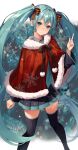  1girl absurdres aqua_eyes aqua_hair aqua_necktie bangs black_skirt black_thighhighs christmas commentary hair_ornament hatsune_miku highres long_hair looking_at_viewer necktie santa_costume skirt smile snowflakes symbol-only_commentary thigh-highs twintails very_long_hair vocaloid yeorem zettai_ryouiki 
